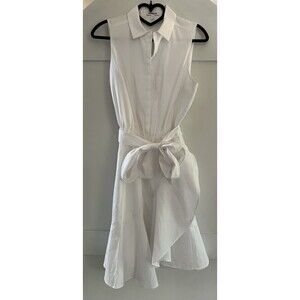 Express White Sleeveless Button Down Shirt Dress Tie Waist Belt Ruffle  Sz S